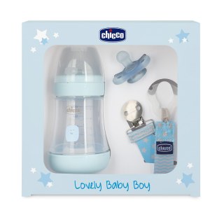 Chicco Lovely Baby Boy zestaw butelka antykolkowa Perfect 5 150ml + smoczek Physioforma Mini Soft + tasiemka do smoczka