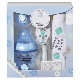 Baby Gifts zestaw butelka 150ml + smoczek do butelki 0m + smoczek Any Time 0-6m + śliniak + zawieszka do smoczka Tommee Tippee