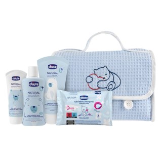 Chicco Natural Sensation Blue zestaw płyn do mycia ciała i włosów 200ml + balsam do ciała 150ml + krem do pieluszki 4w1 100ml + chustec