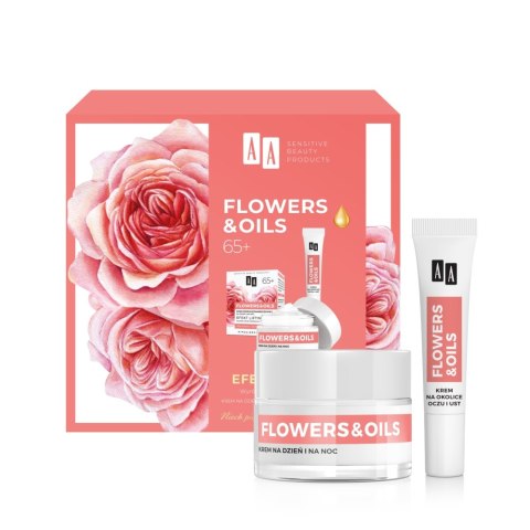 AA Flowers&Oils 65+ Efekt Liftingu zestaw krem przeciwzmarszczkowy na dzień i na noc 50ml + krem przeciwzmarszczkowy na okolice ocz