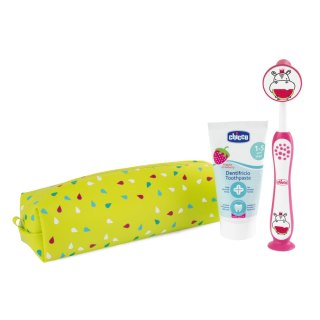 Chicco Always Smiling zestaw podróżny pasta do zębów 50ml + szczoteczka do zębów + etui 3-6l Hippo