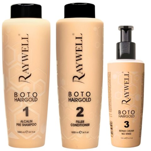 Zestaw Raywell Boto HairGold do Zabiegu Regeneracji Włosów Zniszczonych (2x1000ml 1x150ml) Zestaw Raywell Boto HairGold do Zabiegu Regeneracji Włosów Zniszczonych (2x1000ml 1x150ml)