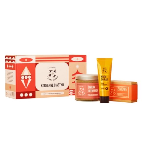 Mydlarnia Cztery Szpaki Korzenne Ciastko zestaw cukrowy peeling do ciała 250ml + krem do rąk 50ml + mydło w kostce 110g Mydlarnia Cztery Szpaki Korzenne Ciastko zestaw cukrowy peeling do ciała 250ml + krem do rąk 50ml + mydło w kostce 110g