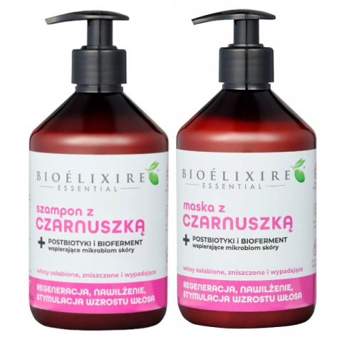 Bioelixire Czarnuszka Szampon + Maska regenerująca do włosów zniszczonych wypadających 2x500ml Bioelixire Czarnuszka Szampon + Maska regenerująca do włosów zniszczonych wypadających 2x500ml