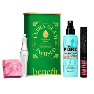 Benefit Extra Glam Infused zestaw tusz do rzęs 8.5g + spray utrwalający makijaż 30ml + żel do brwi 7ml + różowo-truskawkowy róż do polic