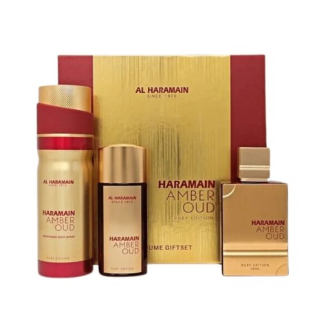Al Haramain Amber Oud Ruby Edition zestaw woda perfumowana spray 75ml + woda perfumowana spray 30ml + dezodorant spray 200ml