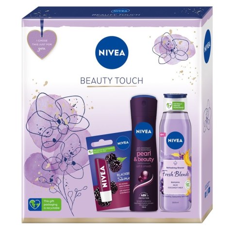 Nivea Beauty Touch zestaw Fresh Blends Banan i Acai żel pod prysznic 300ml + Pearl & Beauty Black Pearl antyperspirant spray 150ml + B Nivea Beauty Touch zestaw Fresh Blends Banan i Acai żel pod prysznic 300ml + Pearl & Beauty Black Pearl antyperspirant spray 150ml + B