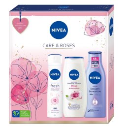 Nivea Care & Roses zestaw Fresh Rose Touch antyperspirant spray 150ml + Rose & Almond Oil żel pod prysznic 250ml + wygładzające mleczk