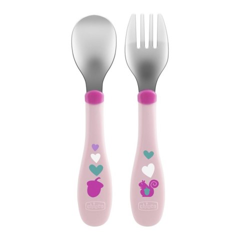 Chicco Metal Cutlery sztućce metalowe 18m+ Różowe Chicco Metal Cutlery sztućce metalowe 18m+ Różowe