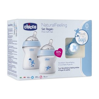 Chicco NaturalFeeling zestaw do karmienia butelka 150ml 0m+ + butelka 250ml 2m+ + smoczek PhysioForma Comfort 0m+ Niebieski