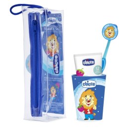 Travel Set zestaw podróżny do mycia zębów pasta + szczoteczka + kubek + etui 3-6l Niebieski Chicco