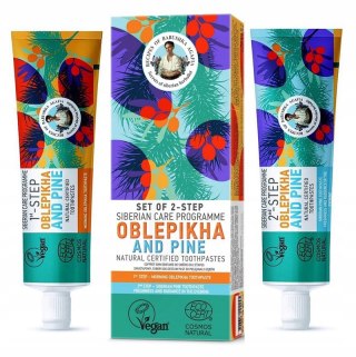 Bania Agafii Natural Toothpastes dwuetapowy zestaw naturalnych past do zębów Rokitnik Ałtajski i Sosna Agafii 2x60g