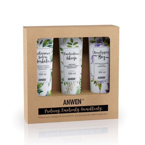 Anwen Odżywki do włosów o niskiej porowatości zestaw Proteinowa Zielona Herbata 100ml + Emolientowa Akcja 100ml + Nawilżający Bez 100m Anwen Odżywki do włosów o niskiej porowatości zestaw Proteinowa Zielona Herbata 100ml + Emolientowa Akcja 100ml + Nawilżający Bez 100m