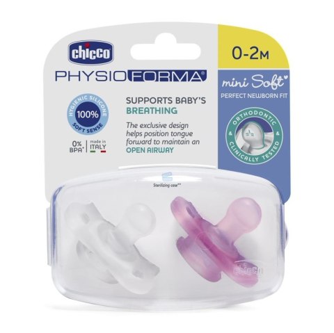 Chicco PhysioForma smoczek silikonowy uspokajający Mini Soft 0-2m Girl 2szt