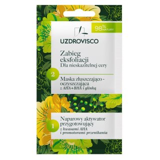 UZDROVISCO Zabieg Eksfoliacji dla nieskazitelnej cery maska złuszczająco-oczyszczająca z AHA i BHA i glinką z aktywatorem 8ml